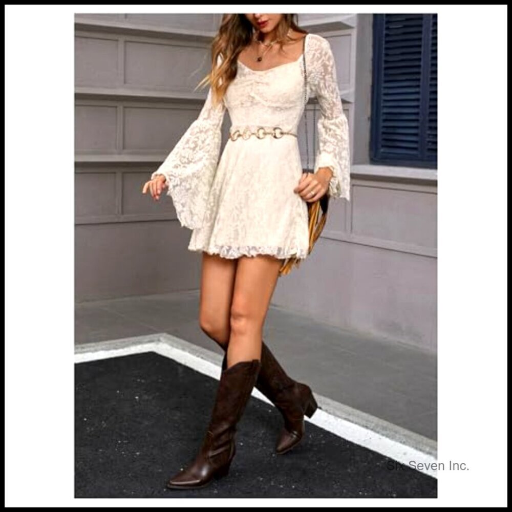 Floral Jacquard Mesh Gothic Dress Bell Sleeve A-Line Vintage Inspired - Picture 5 of 7
